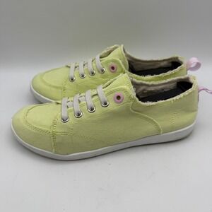 Vionic Beach Pismo Sneakers Women 7 Green Yellow Canvas Frayed Slip On Shoes